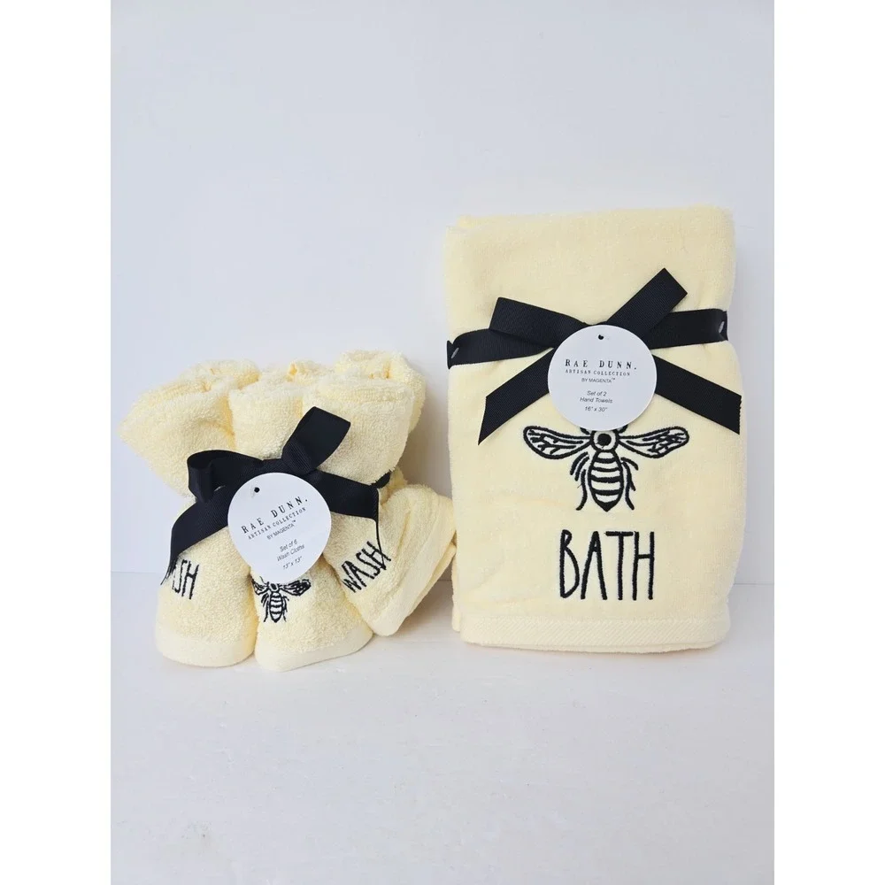 Rae Dunn Yellow Black Wash Cloths x6 + Hand Towel bee NEW